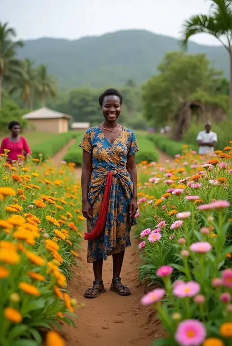 Aamnas garden now flourishing with vibrant, colorful flowers. The once-dry land is now green and filled with life. The villagers are amazed as they watch the transformation, and the air is filled with the sweet fragrance of blooming flowers. Aamna stands p...