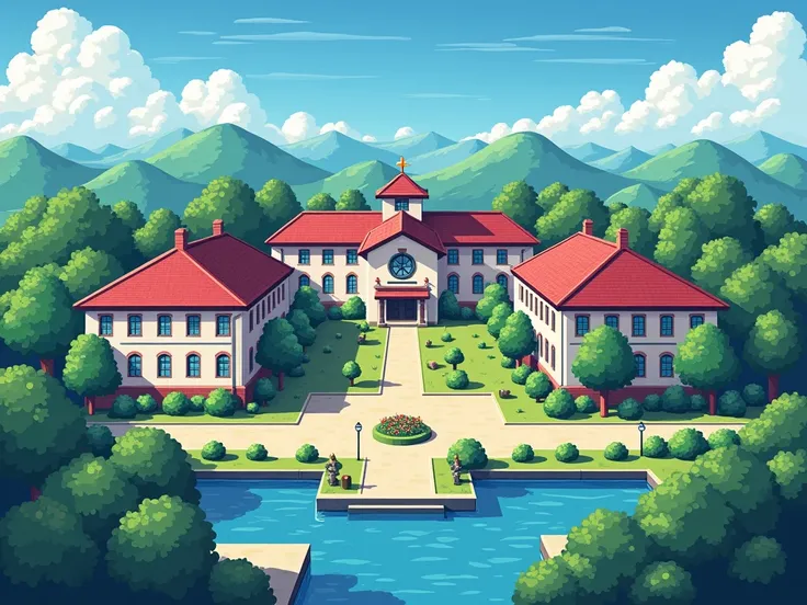  Please help me generate a horizontal pixel map， University Campus ， Black Fairy Tale Style （ More Fairy Tale Style ， Little Strange Wind ），The environment is daytime。 More Fairy Tale Style ：Two school buildings、canteen、 dormitory building 、 Auditorium 、Pi...