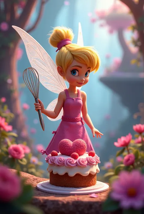 The Tinkerbell fairy ,  she wears a fuchsia pink kitchen apron , elle a un fouet de cuisine dans la main.  She makes a heart-shaped cake .  she is in an enchanted and magical universe