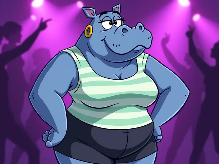 This is a cartoon-style anthropomorphic hippopotamus character with a curvy and confident demeanor. Her design features the following details:

Body Shape and Features:
The character is pear-shaped, emphasizing her wide hips and smaller upper body.
Her ski...