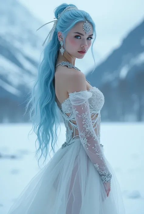 In the ice and snow, a fascinating solo shot of a ballerina standing on the frozen stage (Extremely beautiful, supermodel, sexy), her skin was frozen, and her very long blue hair was tied with a white ribbon, with shiny frost, and stacked along her back. S...