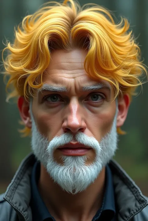 Create an image of 18 years old boy with long-textured-messy fringe Medium light yellow haircut, medium white Eyebrows, medium white Johnny depp beard