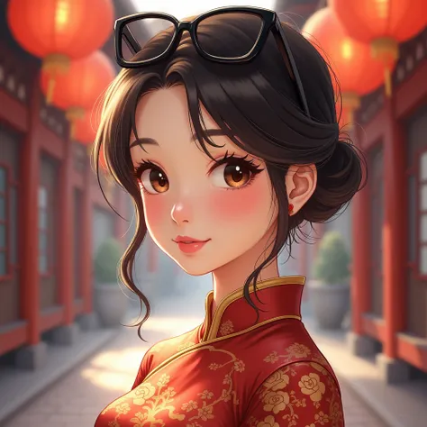 a cute beautiful woman smiling , wearing chinese costumes , wearing black sunglasses ,  anime style 