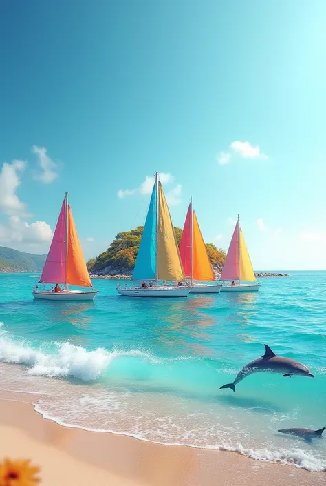 Photo de plusieurs magnifique voilier de toute les couleurs, sur la mer avec des belles vagues, et une magnifique île de sable remplie de belles fleurs, avec des magnifiques pins parasols, et des mouettes dans le ciel, et des magnifiques dauphins dans leau...