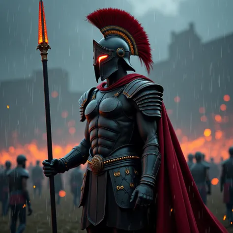  Gloomy scenario it rains sparks on a battlefield is a warrior whose armor looks like a Spartan but deep black and with a shiny red cape in focus you see the Spartan from the side and the helmet. He holds a spear in his hand ,  the crest of the helmet is g...