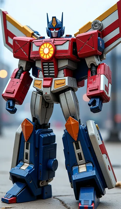 This Transformer features a red, white, and blue design with gold sun rays and star motifs. It transforms into a powerful battleship, representing the archipelagos maritime history. The chest showcases a glowing sun emblem, and its weapons include energy c...