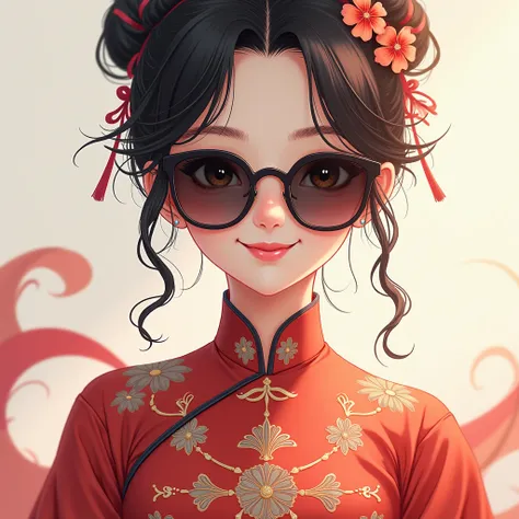 a cute beautiful woman smiling , wearing chinese costumes , wearing dark glasses that cover your eyes ,  anime style 