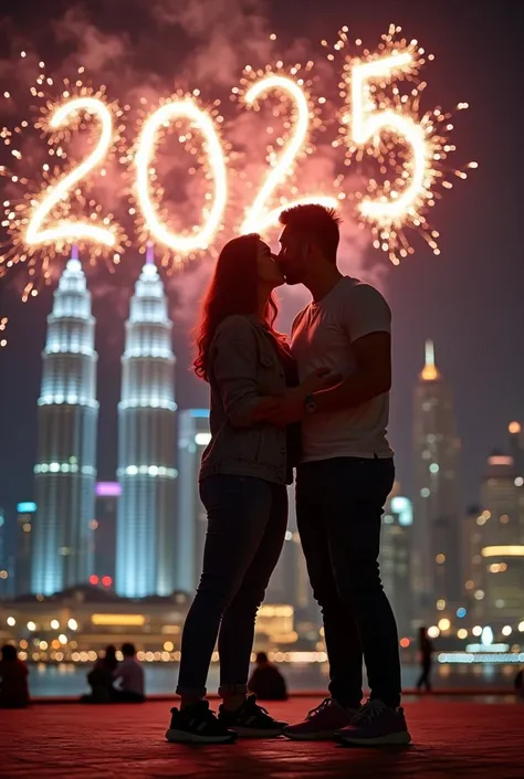 Realistic photo of couple wearing denim t-shirt jeans cargo shoes Air Jordan sneakers with spoilt smiles and sparks of fireworks in their hands,, In the New Year look in front of the audience with a sweet smile ,, Professional twin buildings klcc fireworks...