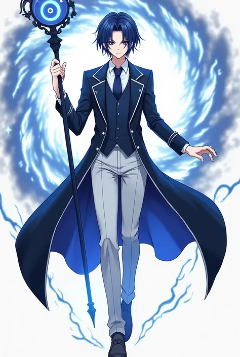 Generate an image anime style: Male, medium height, with navy eyes, bro flow haircut, He wears white shirt, navy vest, navy neck tie, navy long tailcoat with white star pattern lining, white pants and shoes. His movements are primarily teleportation rather...