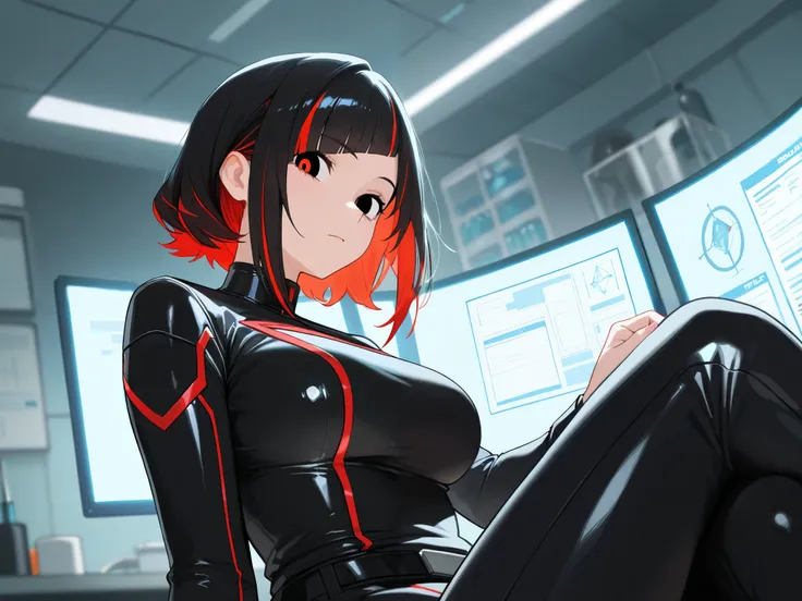  maximum resolution ,  very detailed ,  best quality,precise,  masterpiece, Solo,1 woman, black hair,Short, smooth hair , black-eyed widow ,, sideways bangs,Highlights on bright red hair,Needle red eye ,Sexy black researcher outfit , sitting in lab , anato...