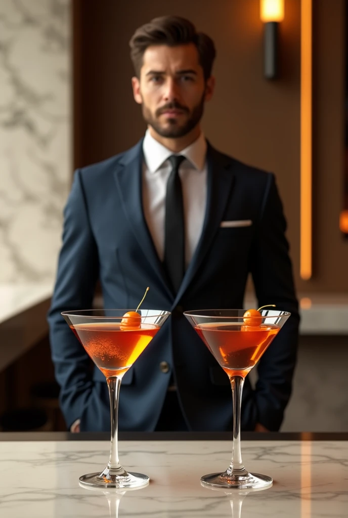 Man in front of two cocktail glasses on a stylish bar counter