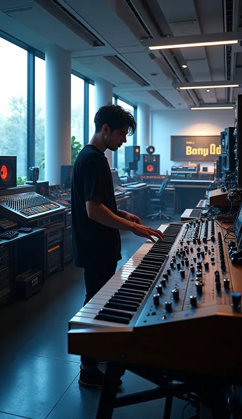 A modern music studio featuring various synthesizers and production gear, with the Theremin prominently displayed and being played, symbolizing its influence on electronic music.