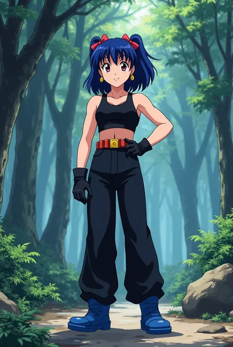 Shampoo (Ranma 1/2) Anime: (Ranma y medio),has knee-length dark hair (blue/purple in the anime) with bangs and two strands hanging in front that are secured with bows and dark pink eyes.
. 
 Long black pants, with a black top, another model of explosive ea...