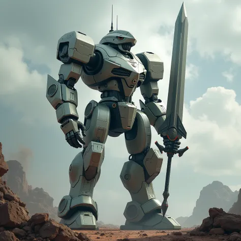 The giant robot from Gori Warrior poses with a huge sword