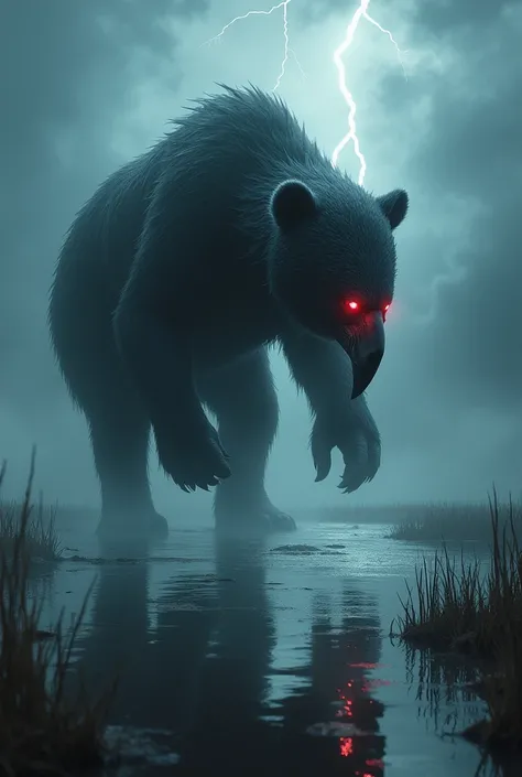 A monstrous hybrid of a bear and a flamingo, with the bulk of a bear and elongated flamingo legs, covered in dark feathers. Its curved, sharp beak and glowing red eyes make it a fearsome predator. The hybrid prowls through a swampy, fog-filled landscape un...