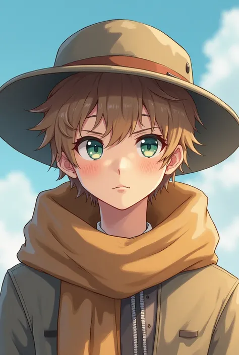 A fifteen-year-old boy, he is dressed in winter clothes, including a wide-brimmed hat to protect his pale skin from the sun. His hair is light brown, messy and wavy, framing his delicate and delicate face. His eyes are large and bright, a mixture of blue a...