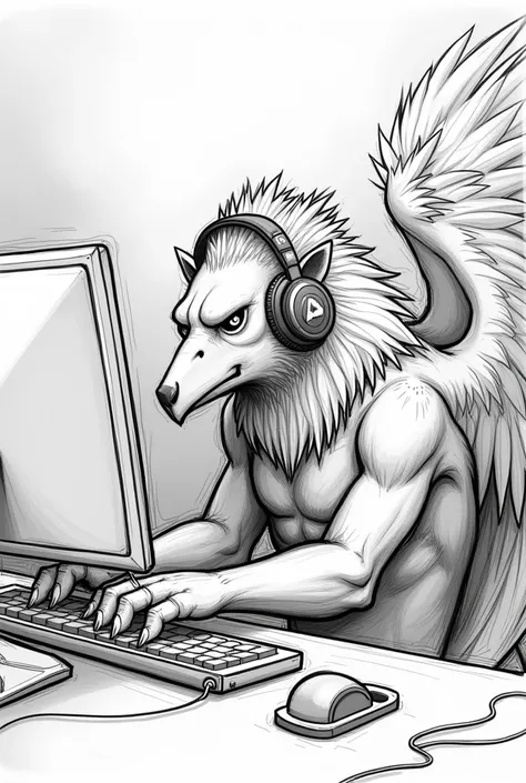 Linear sketch of a griffin playing on the computer with joystick, headphones and a keyboard.
Sitting alone in a dark room , looking like he is in a mission to save the world