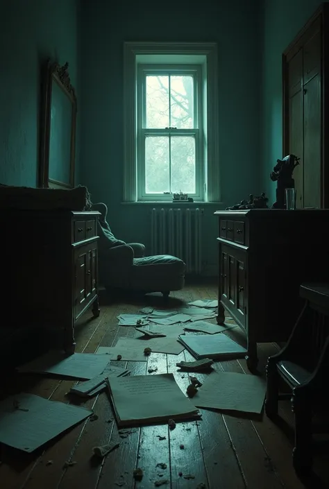 An exciting crime cover :  An abandoned apartment with an overturned chair ,  scattered documents and a mysterious letter on a table.  The scene is painted in gloomy light , with shadows,  which create a threatening atmosphere .