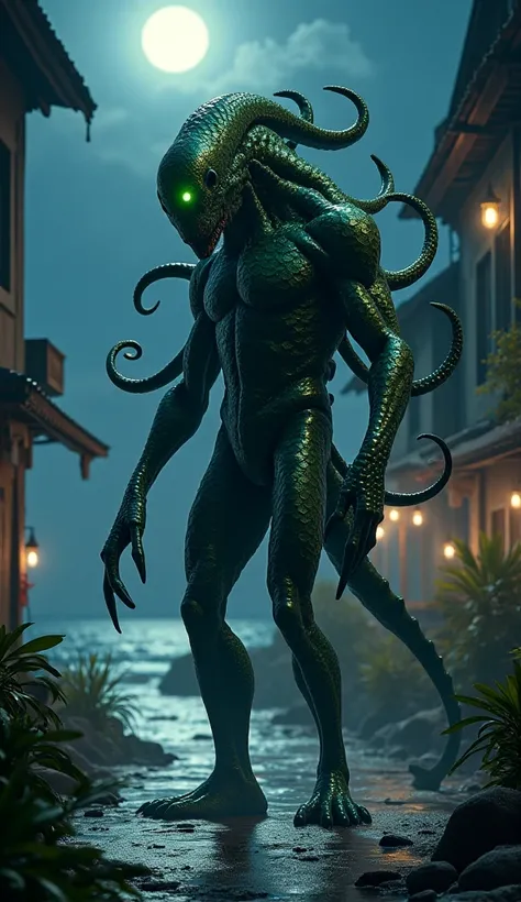 "A humanoid monster with a proportionate body covered entirely in shimmering fish scales. Its head resembles an octopus, complete with several tentacles draping naturally around its shoulders. The creature has a green hue, with glowing eyes that pierce the...