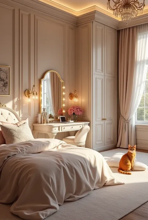  Show me a huge and luxurious room ,  with modest style , with neutral colors,  with a heavenly style with various lights and princess-like decorations,  with a veiled bed , your dressing table ,  the closet ,  a carpet and an orange cat with the cats bed ...