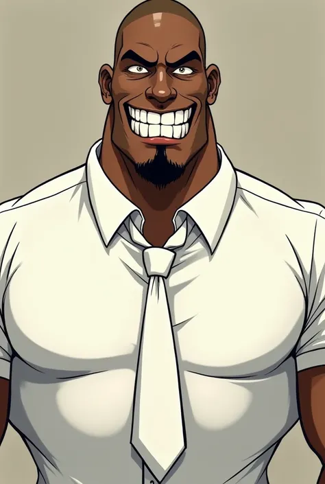 Cartoon animation of a tall, black guy, white teeth, bald, white hem, white tie peeking out, scary