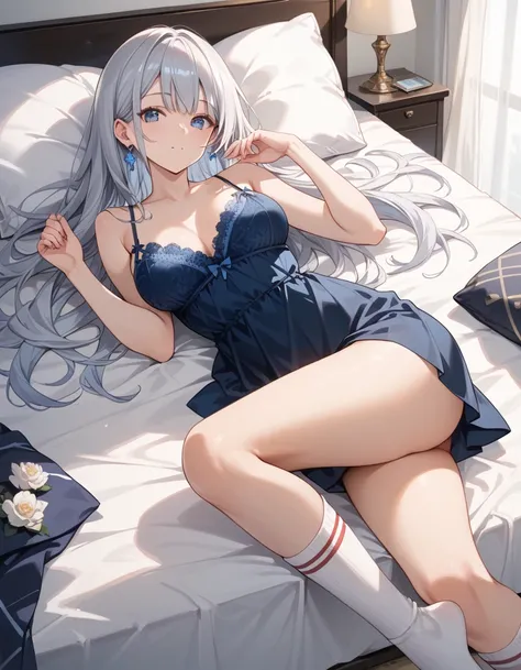 masterpiece,best quality, masterpiece,masterpiece,best quality,ultra detailed, 1 woman, lying on her back on a bed in a hotel room, silver hair, long straight hair, blue eyes, wearing a blue lace camisole, average size breasts, high knee socks,