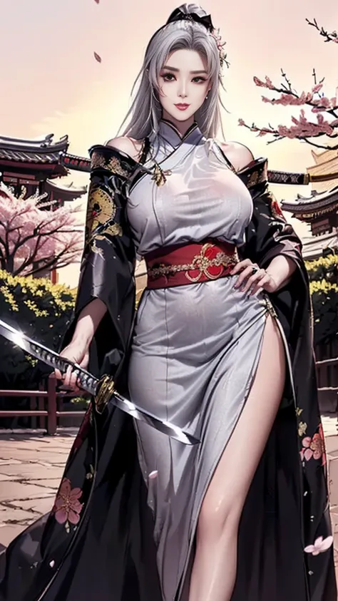 (best quality:2.0), (extremely detailed:2.0), (highly detailed:2.0),(Shirafuji, a beastfolk samurai woman, wearing traditional Eastern-style combat kimono adorned with dragon patterns and floral embroidery, with an elegant katana on her waist, exuding a no...