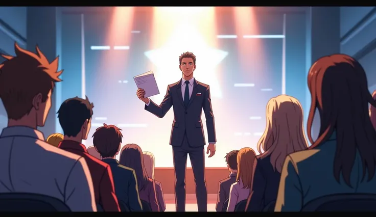 anime A speaker standing on a brightly lit stage, confidently addressing a captivated audience. In their hand is a well-prepared script, symbolizing how knowledge and preparation empower confidence in challenging situations.anime