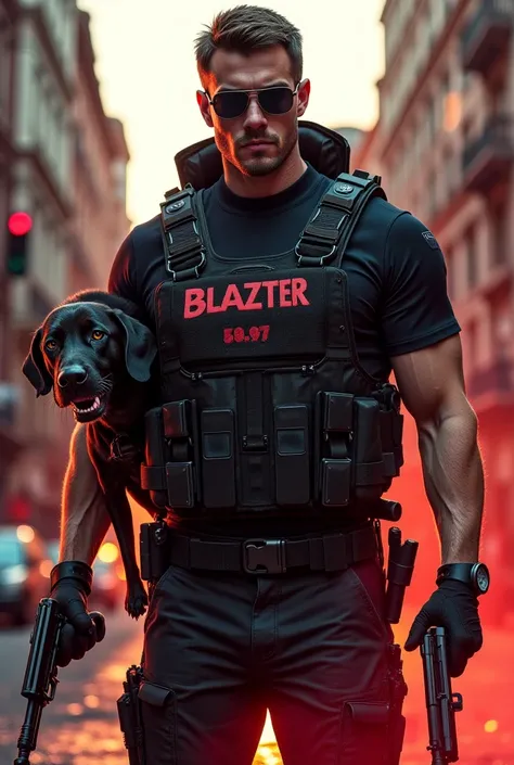  a man 3D style wearing sunglasses , muscular body, holding firearms , in a K9 security suit , carrying a vicious dog in blood there is an inscription  "BLAZTER "  atmosphere in the middle of the city left right side full effect aura