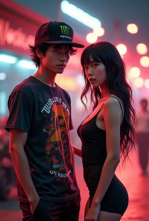  25-year-old Indonesian man wearing a distro t-shirt with a basketball cap  (monster energy )  next to him is a Japanese woman wearing a tight dress with large breasts facing forward. MotoGP camera  