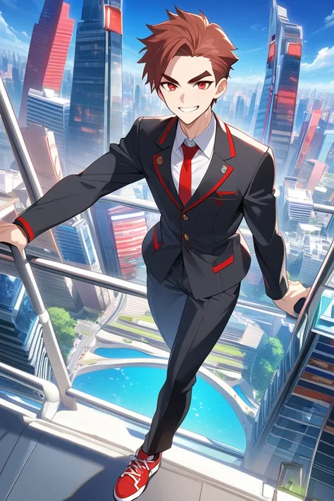 The whole picture is solo 1boy toned cyberfuture　sword　Good Youth　smile　Boyishness　The eyebrows are thin

Adams apple,larynx red eyes 　Red Brown Haired 　 blazer black uniform 　Subon is cream 　 shoes are red sneakers

Male face,male eyebrows,  male eyes

sc...