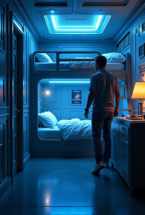 double deck bed with door and 1 meter width, 1 meter height, 2 meters length , sci-fi theme, galaxy theme, electronic theme, infinity mirror inside, 1 man sleeping at 2nd deck with 7 ft height, 1 man standing beside double deck with 7 ft height, room of sp...