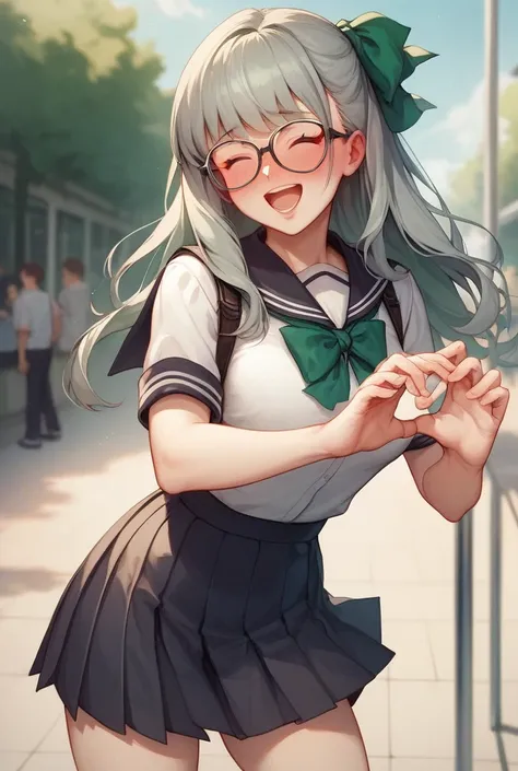 1girl, Long Hair, Short Figure, Green Hair Ribbon, Gray Hair, Breasts, Closed Eyes, Open Mouth, Full-face Blush, Shy, Love-Shaped Pupils, Smile, Happy, Clapping Hands, Wearing Elementary school Uniform with Green Ribbon, Eyeglasses, Black Short Skirt, Stan...