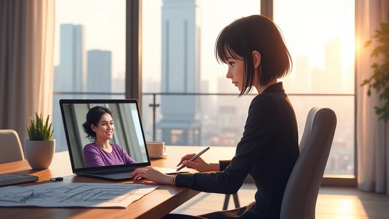 A modern office on the 25th floor of a luxury apartment building with floor-to-ceiling windows showing a city skyline in the background. A woman 1, a digital anime-style character, a 35-year-old woman with black layered bob hair, light skin, a height of 1m...