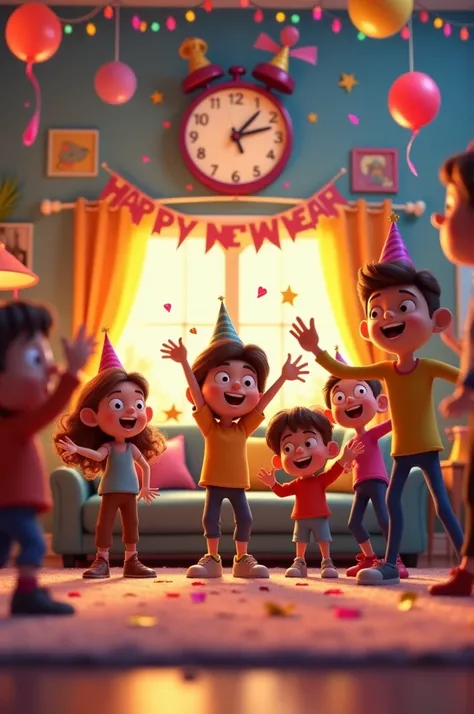 "Create a 3D cartoon-style image of a cozy living room filled with cheerful people celebrating the New Year countdown. The room is decorated with colorful streamers, balloons, and a large Happy New Year banner. A cartoon-style clock on the wall is striking...