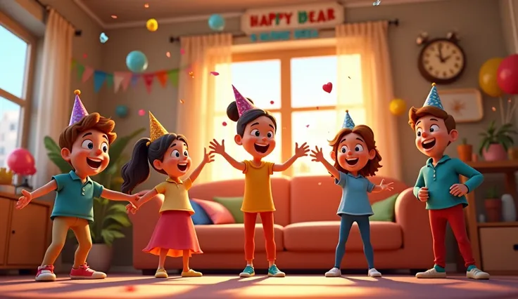 "Create a 3D cartoon-style image of a cozy living room filled with cheerful people celebrating the New Year countdown. The room is decorated with colorful streamers, balloons, and a large Happy New Year banner. A cartoon-style clock on the wall is striking...