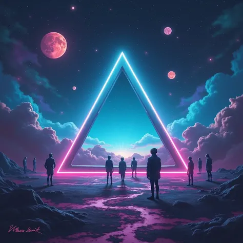 A hyperrealistic digital painting of a neon pink and blue triangle portal in deep space. The portal is surrounded by a nebula and several glowing planets. The background is a dark, starry sky. Synthwave aesthetic, 80s retro future.Design cyberpunk de uma i...