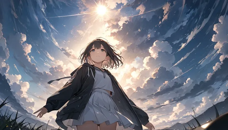 Anime、(( amazing irrational)),(masterpiece:1.2),超 high res,  attention to detail,  High Quality ,  high res, 最 High Quality , 4K, 8k、 Crying Girl、Look up at the sky、 girl raising one hand to the sky、 dark sky with thick clouds 、After the heavy rain、 the su...