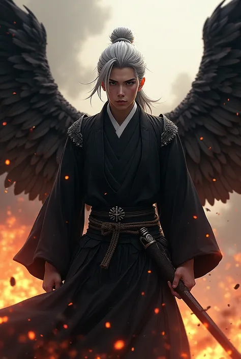 One eyed samurai that lost his right eye with a pair of black-feathered wings and flames on his back, wearing a black haori, and a high ponytail, silver white color