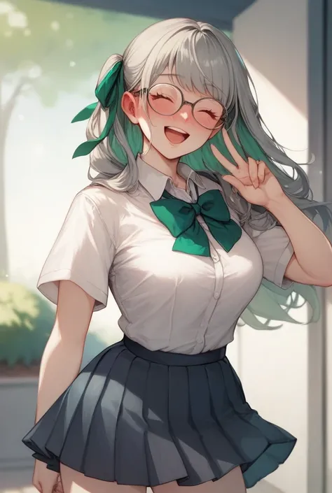 1girl, Long Hair, Short Figure, Green Hair Ribbon, Gray Hair, Breasts, Closed Eyes, Open Mouth, Full-face Blush, Shy, Love-Shaped Pupils, Smile, Happy, Wearing Elementary school Uniform with Green Ribbon, Eyeglasses, Black Short Skirt, Standing, Set in a Q...