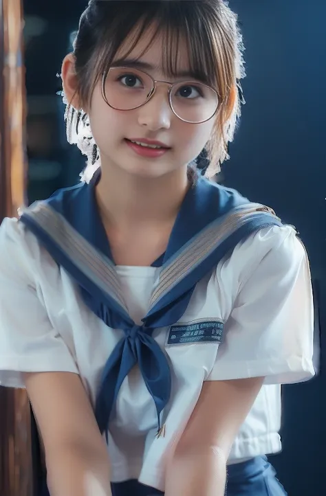 short hair, big boobs, Highlight Thighs,Glasses, with hair tied, happy face, Clothes Are See-Through ,Showing the whole body,Show me a beautiful leg face ,Short sleeve,pure white sailor clothes, a cute girl about , short,My chest sticks out a little