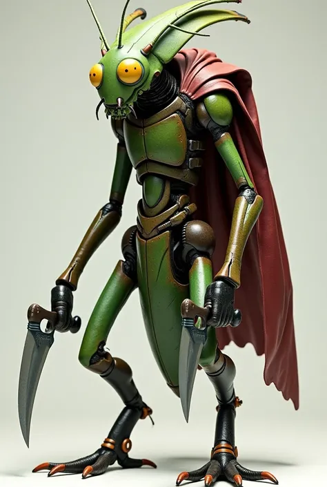  Create me a humanoid insect similar to General Grievous with greenish skin and a green helmet where you can only see the holes in its eyes and two machetes, one on each hand and a layer on its back large and maroon red . 