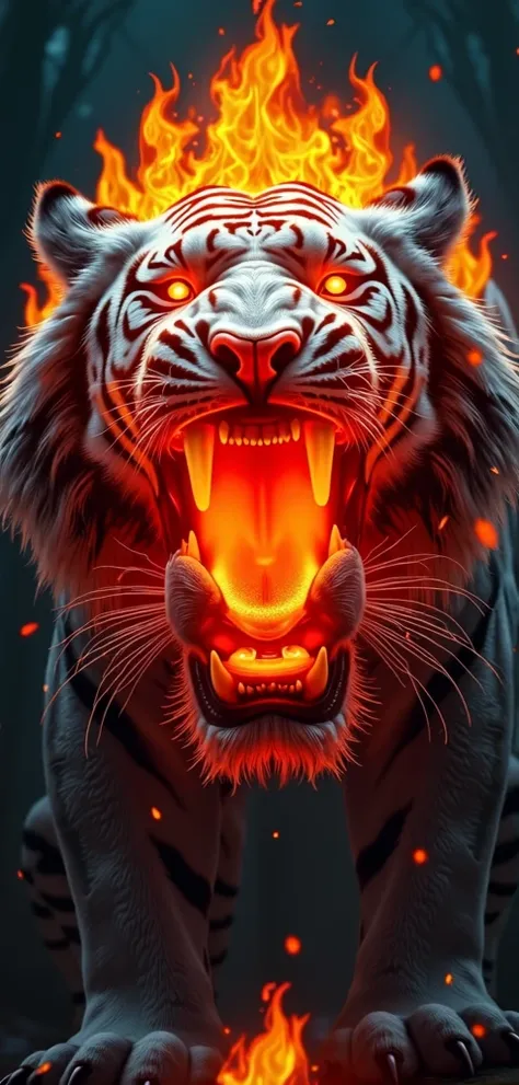 A colossal white tiger with a majestic presence, its head encircled by roaring flames, creating an aura of untamed power. Its glowing eyes burn with an intense, fiery light, fixed directly at the camera with a commanding gaze. The tigers mouth is open mid-...