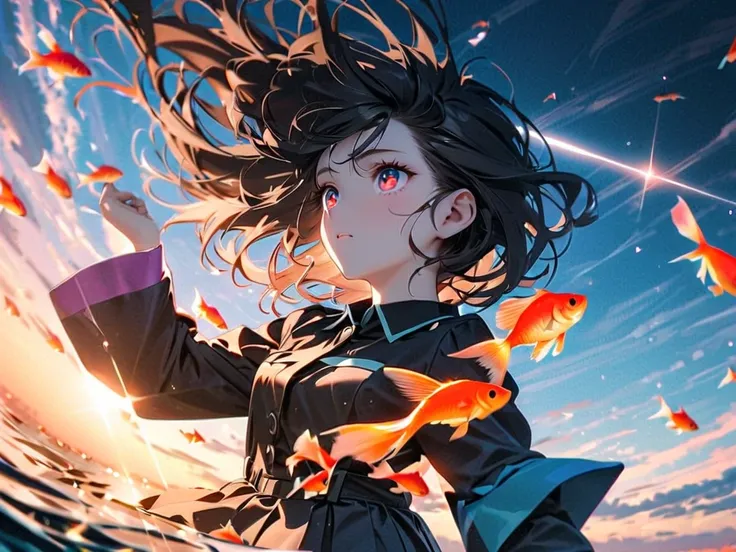 (female(student, age of 15, JK, short silver floating hair, cosmic colored eyes, black color uniform of school, pale skin, tired face with no shine in the eyes) is looking up at the sky), (so many goldfish are swimming in the air), beautiful sky, beautiful...