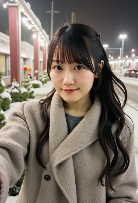 (Wearing a winter uniform and scarf 、 A portrait of a slender girl with long hair and boring bangs, Coat and gloves:1.5)、(With a small smile、 One girl with hair blowing in the wind spreads her arms  :1.5)、( Christmas decorations on a street corner on a sno...