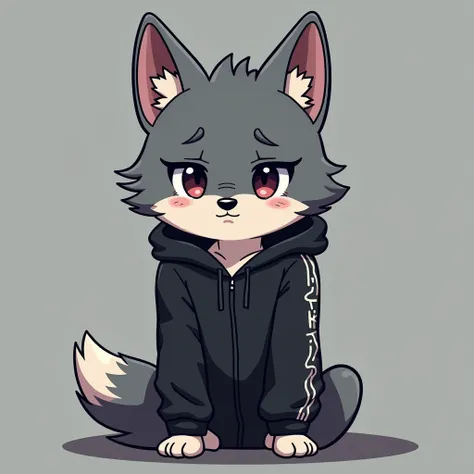 Anthropomorphic furry is a cute gray guy, a sad wolf ,  dressed in a black tracksuit and a blade runner-style hoodie drawn like a cartoon