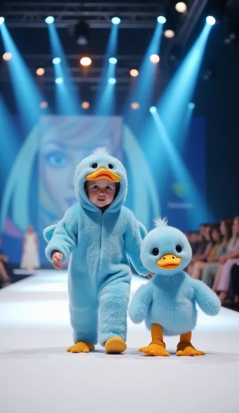 "A cute baby dressed in an adorable blue duck costume, complete with a fluffy hood featuring a beak and tiny wings, walking confidently on a fashion show runway. Beside the baby is a duck wearing a matching blue duck costume, waddling gracefully in sync. T...