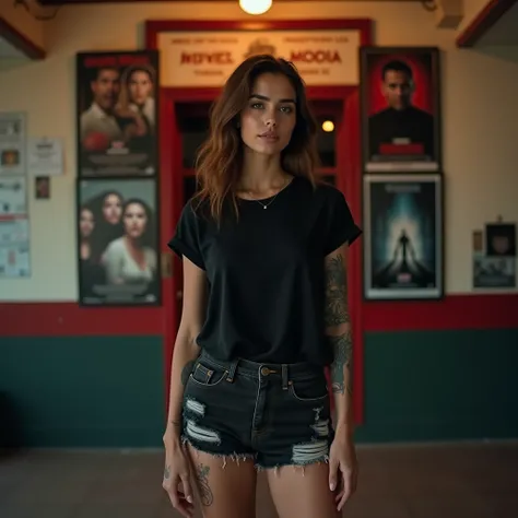 High-definition image of a 20-year-old brunette woman stands in front of a movie theater on the wall some horror movie posters with a tattoo on her arm with large breasts, Daytime image,  she wears a wide and simple black t-shirt and ripped black denim sho...