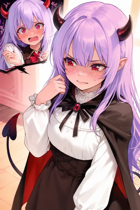 girl, fantasy, long purple hair, kawaii, tsundere, red eye, small and black demon horn, clumsy, emberrassed, cutie face, semi realistic, 8k, black cape, small demon tail, white blouse, nervous emotion, 