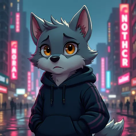 Anthropomorphic furry is a cute gray guy, a sad wolf , dressed in a black tracksuit and hoodie in front of a city in the style of the movie Blade Runner drawn like a cartoon